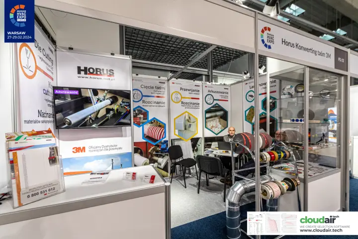 Horus stand for 3M tape converting with tape rolls on a duct elbow at Warsaw HVAC Expo 2024
