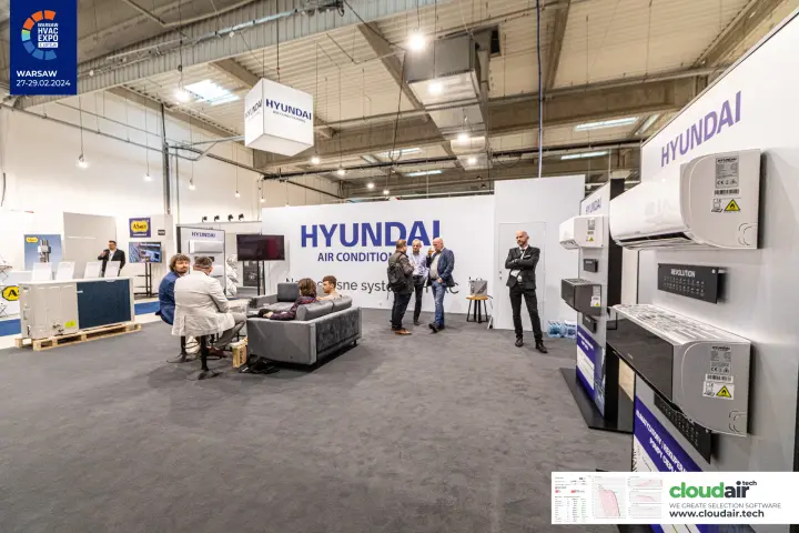 Hyundai Air Conditioning stand with hanging cube, lounge sofa and split-unit wall at Warsaw HVAC Expo 2024