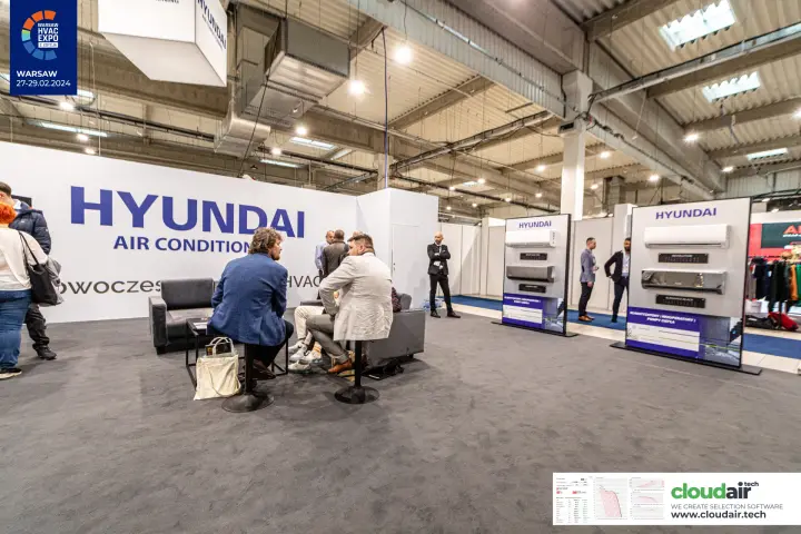 Hyundai freestanding boards with wall units beside a meeting lounge at Warsaw HVAC Expo 2024