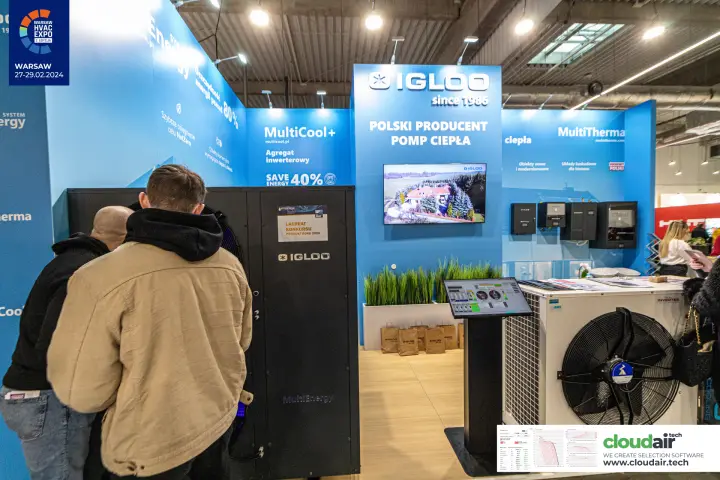 Igloo stand with award-winning MultiEnergy heat pump and touchscreen kiosk at Warsaw HVAC Expo 2024
