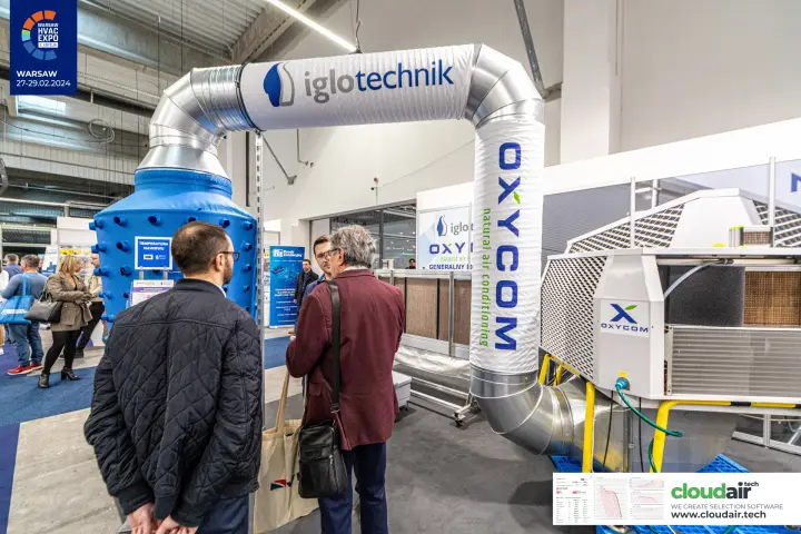 Iglotechnik duct arch linking an Oxycom unit to a blue air diffuser at Warsaw HVAC Expo 2024