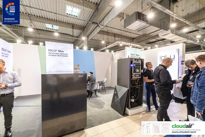 IGLU stand with an opened heat pump and dark grey unit casings at Warsaw HVAC Expo 2024