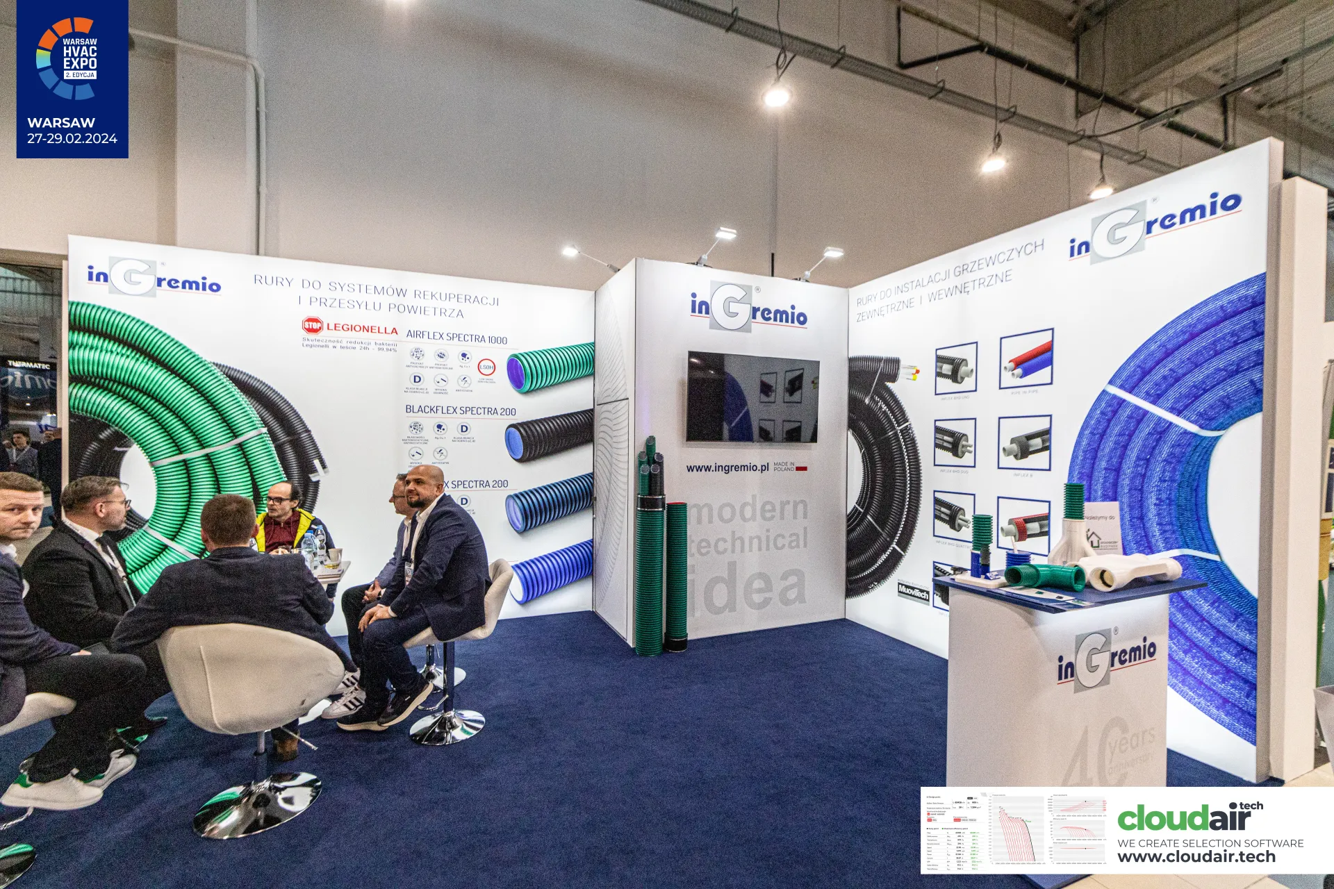 inGremio stand with ventilation duct and heating pipe graphics at Warsaw HVAC Expo 2024