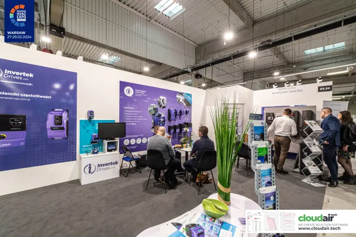 Invertek Drives stand with Optidrive frequency inverters on purple walls at Warsaw HVAC Expo 2024