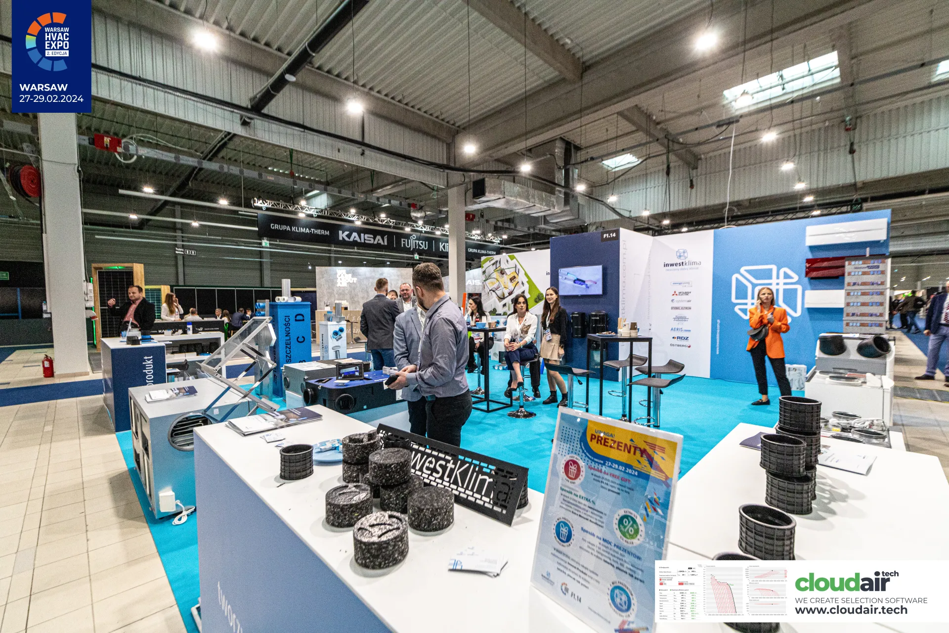 Inwestklima stand F1.14 with recuperators, duct parts and a 'Prezenty' promotion at Warsaw HVAC Expo 2024