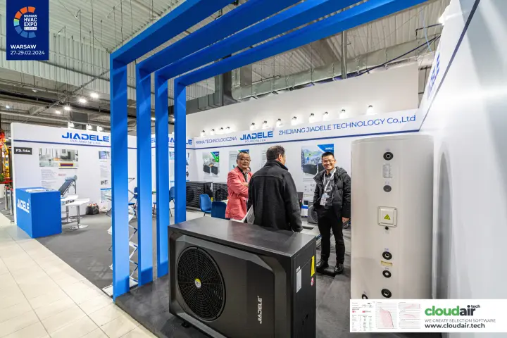 Jiadele heat pump and hot water cylinder framed by a blue portal at Warsaw HVAC Expo 2024