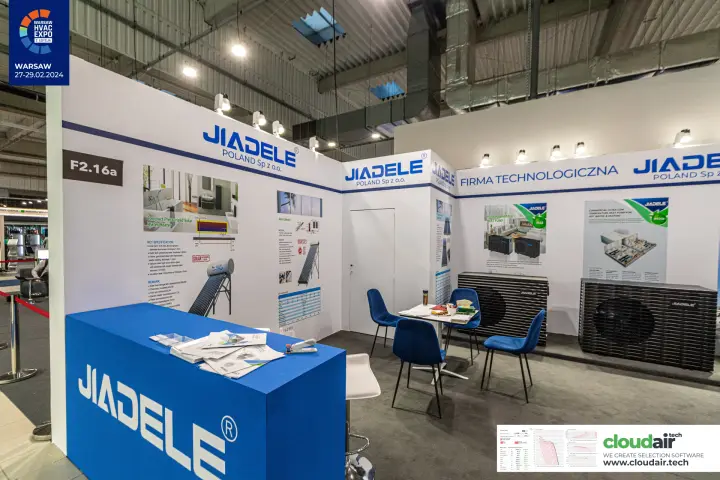 Jiadele stand F2.16a with solar water heater and heat pump posters at Warsaw HVAC Expo 2024