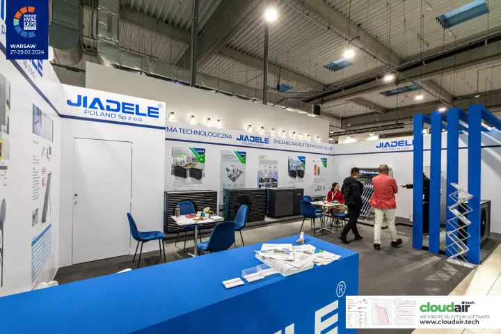Jiadele stand overview with heat pumps, solar collector and blue portal at Warsaw HVAC Expo 2024