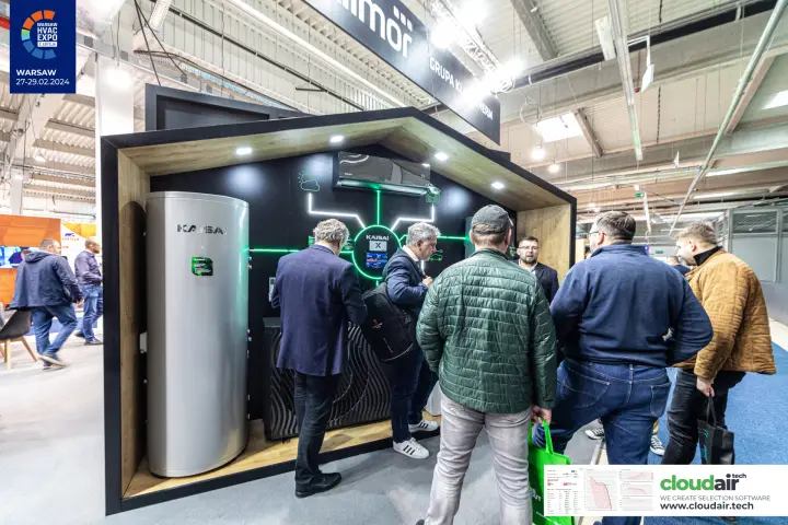 Kaisai house-shaped display with hot water cylinder and heat pump system at Warsaw HVAC Expo 2024