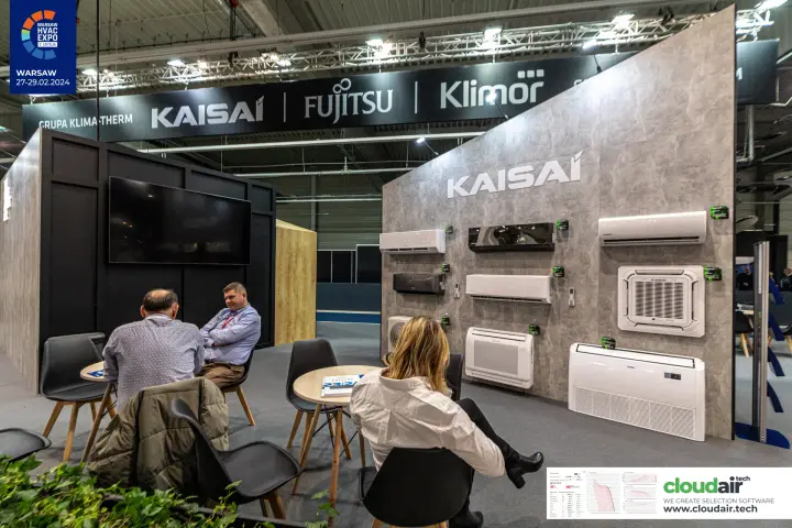 Kaisai wall of split, cassette and floor-ceiling units with meeting tables at Warsaw HVAC Expo 2024