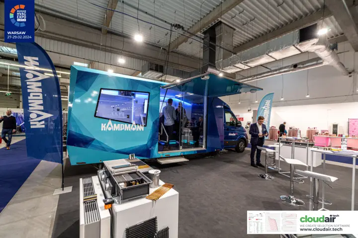 Kampmann showroom truck with an opened trench heater on display at Warsaw HVAC Expo 2024
