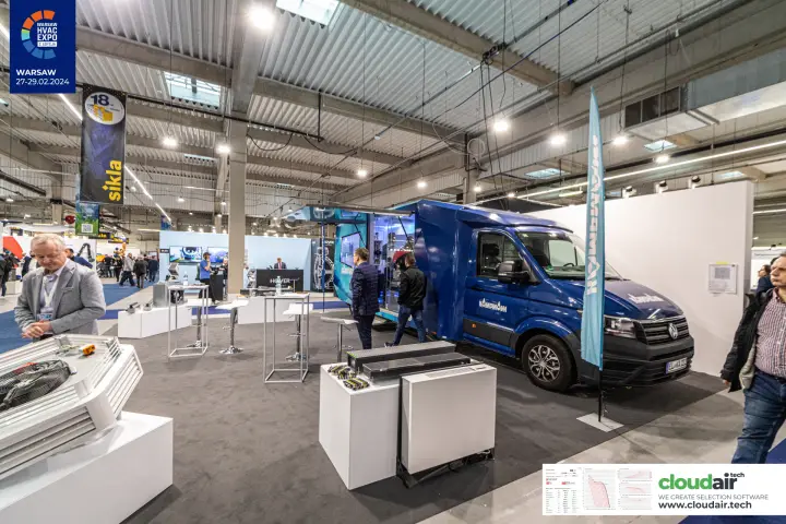Kampmann stand with mobile showroom van and trench heater displays at Warsaw HVAC Expo 2024