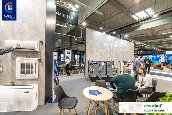 Klimor EVO-S Compact air handling unit beside Kaisai cassette and floor units at Warsaw HVAC Expo 2024