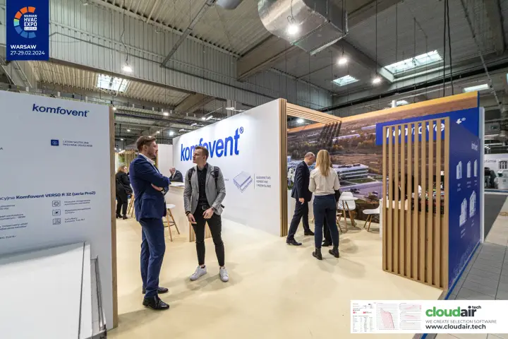 Komfovent stand with timber slat partitions and meeting area at Warsaw HVAC Expo 2024