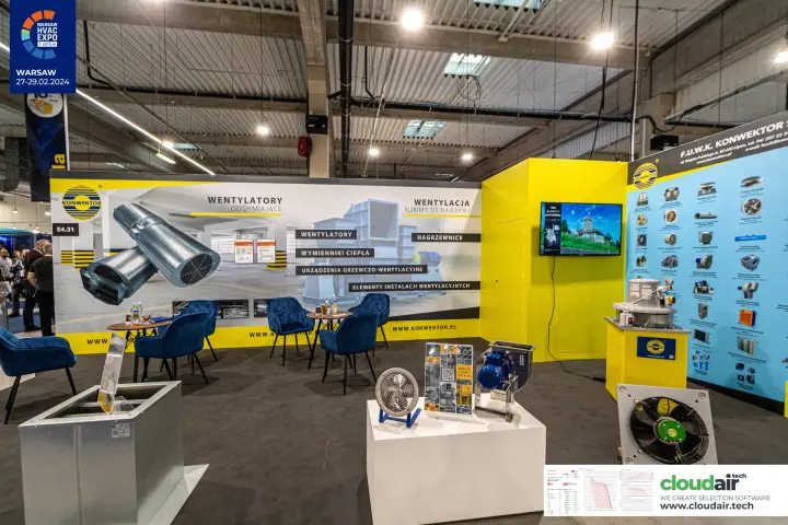 Konwektor fan display with axial and centrifugal fans beside the lounge at Warsaw HVAC Expo 2024