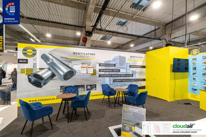 Konwektor lounge with blue chairs in front of the smoke exhaust fan banner at Warsaw HVAC Expo 2024