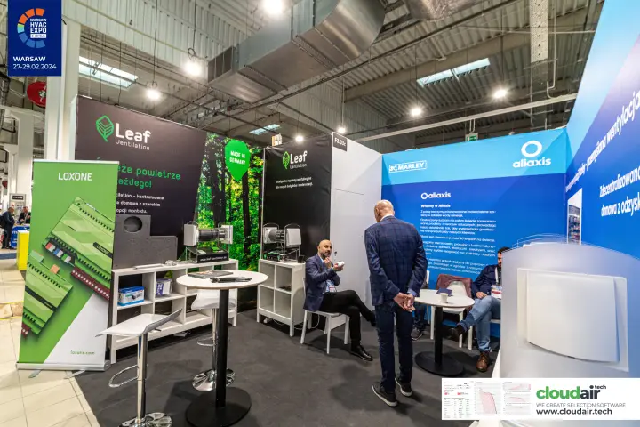 Leaf Ventilation stand F3.03c with forest graphic and Loxone roll-up at Warsaw HVAC Expo 2024