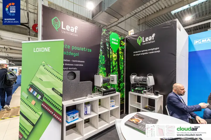 Leaf Ventilation wall units in clear stands beside a Loxone roll-up at Warsaw HVAC Expo 2024