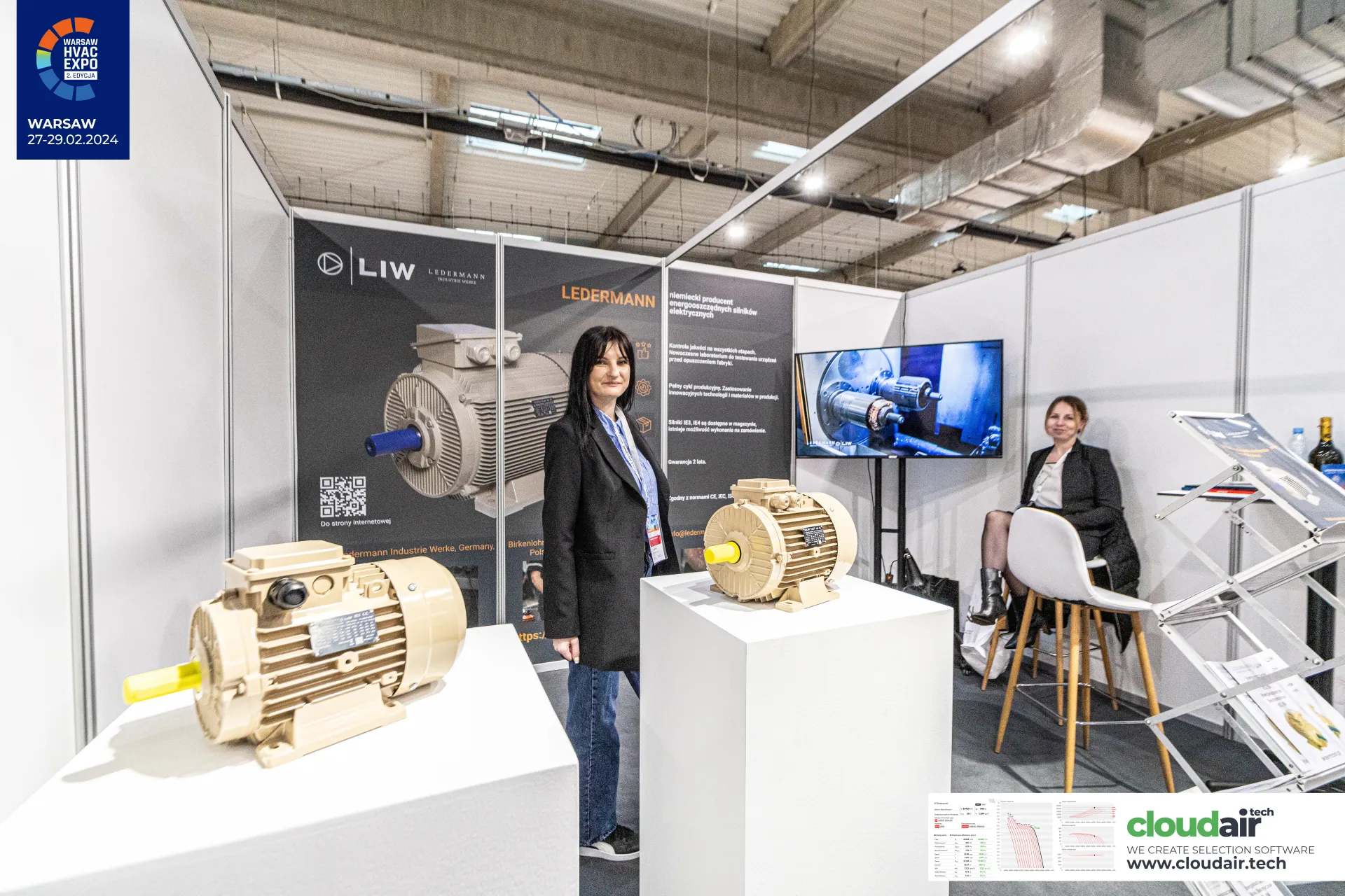 Ledermann electric motors on plinths in front of the LIW graphic wall at Warsaw HVAC Expo 2024