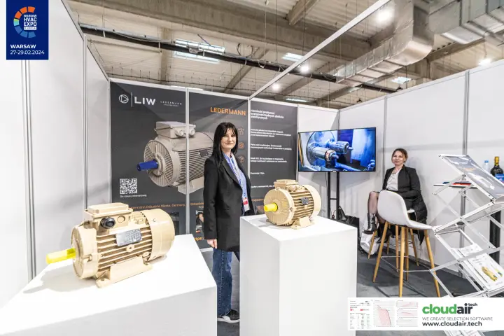 Ledermann electric motors on plinths in front of the LIW graphic wall at Warsaw HVAC Expo 2024