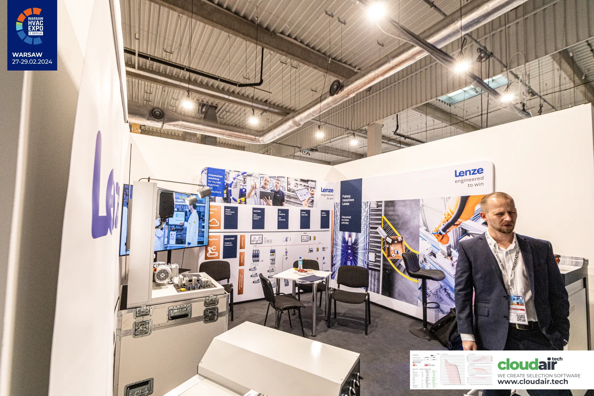 Lenze drive packages graphic and motor on a flight case at Warsaw HVAC Expo 2024