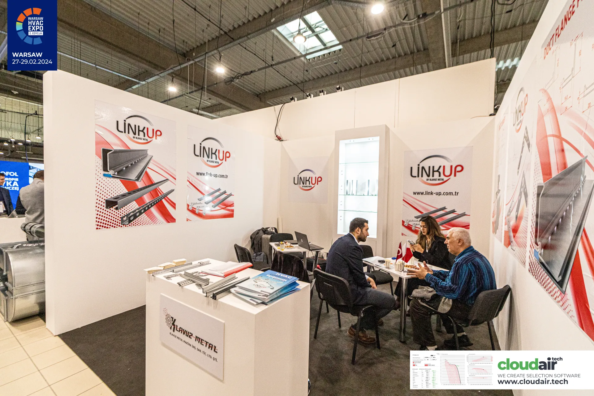 LinkUp posters of flange profiles and corners beside a meeting table at Warsaw HVAC Expo 2024