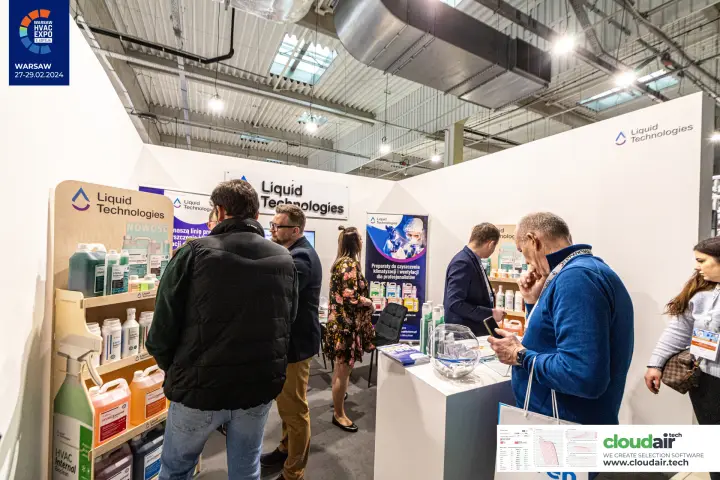 Liquid Technologies plywood rack of HVAC cleaning liquids at Warsaw HVAC Expo 2024
