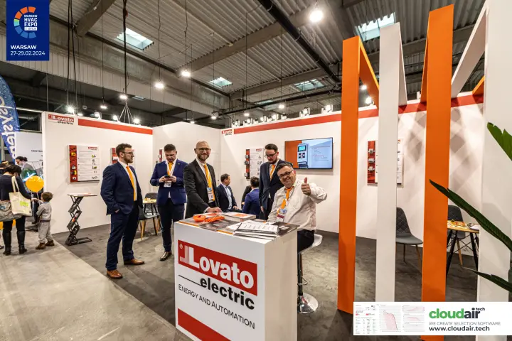 Lovato Electric stand with orange frame structure and reception counter