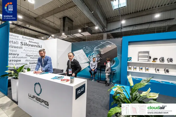 Lufberg actuator stand F2.43 with multilingual 'Siłowniki' word wall at Warsaw HVAC Expo 2024