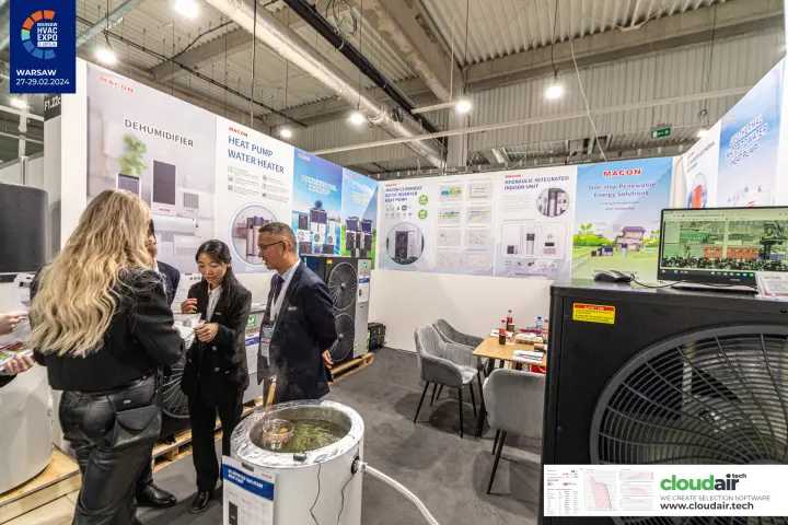 Macon heat pumps with a live demo heating water in a steaming tank at Warsaw HVAC Expo 2024