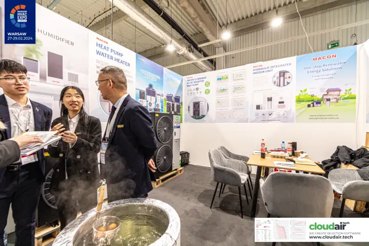 Macon posters for Climaheat and hydraulic indoor units beside meeting area at Warsaw HVAC Expo 2024
