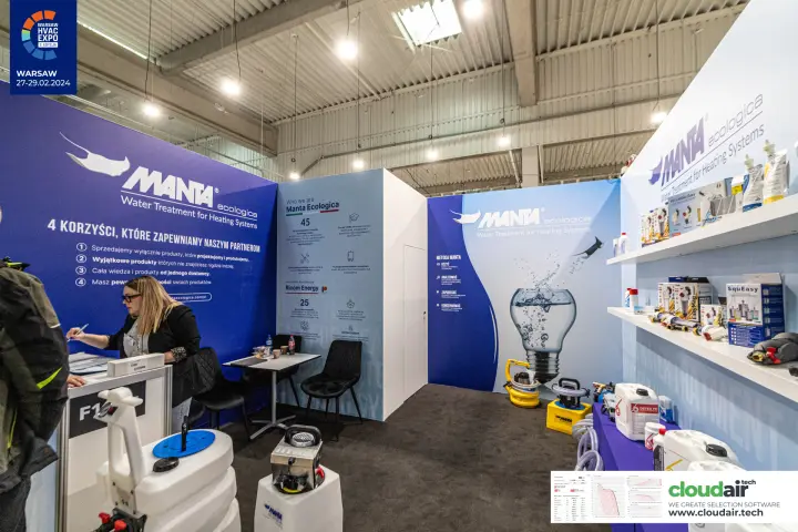Manta Ecologica stand with flushing units and water treatment products
