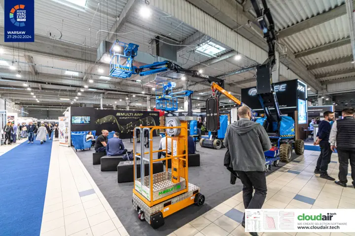 Manulift mast lift and Sinoboom booms in front of the Multi AWP lounge at Warsaw HVAC Expo 2024