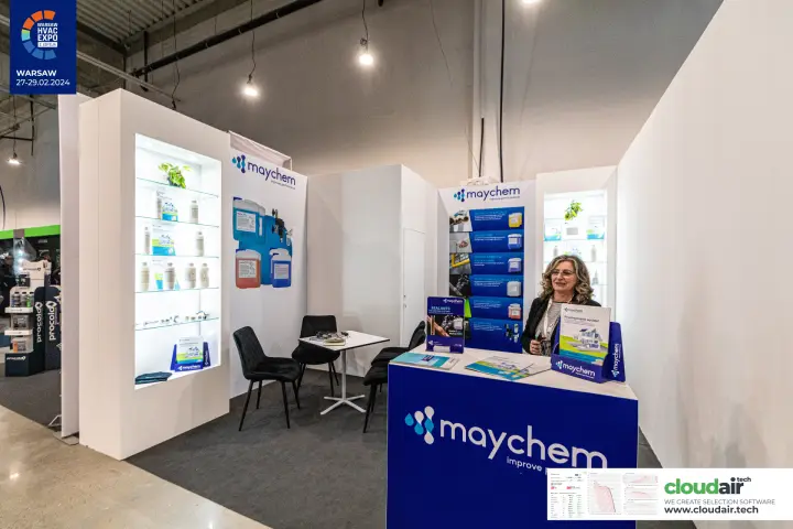 Maychem stand with backlit shelves of heating system fluids