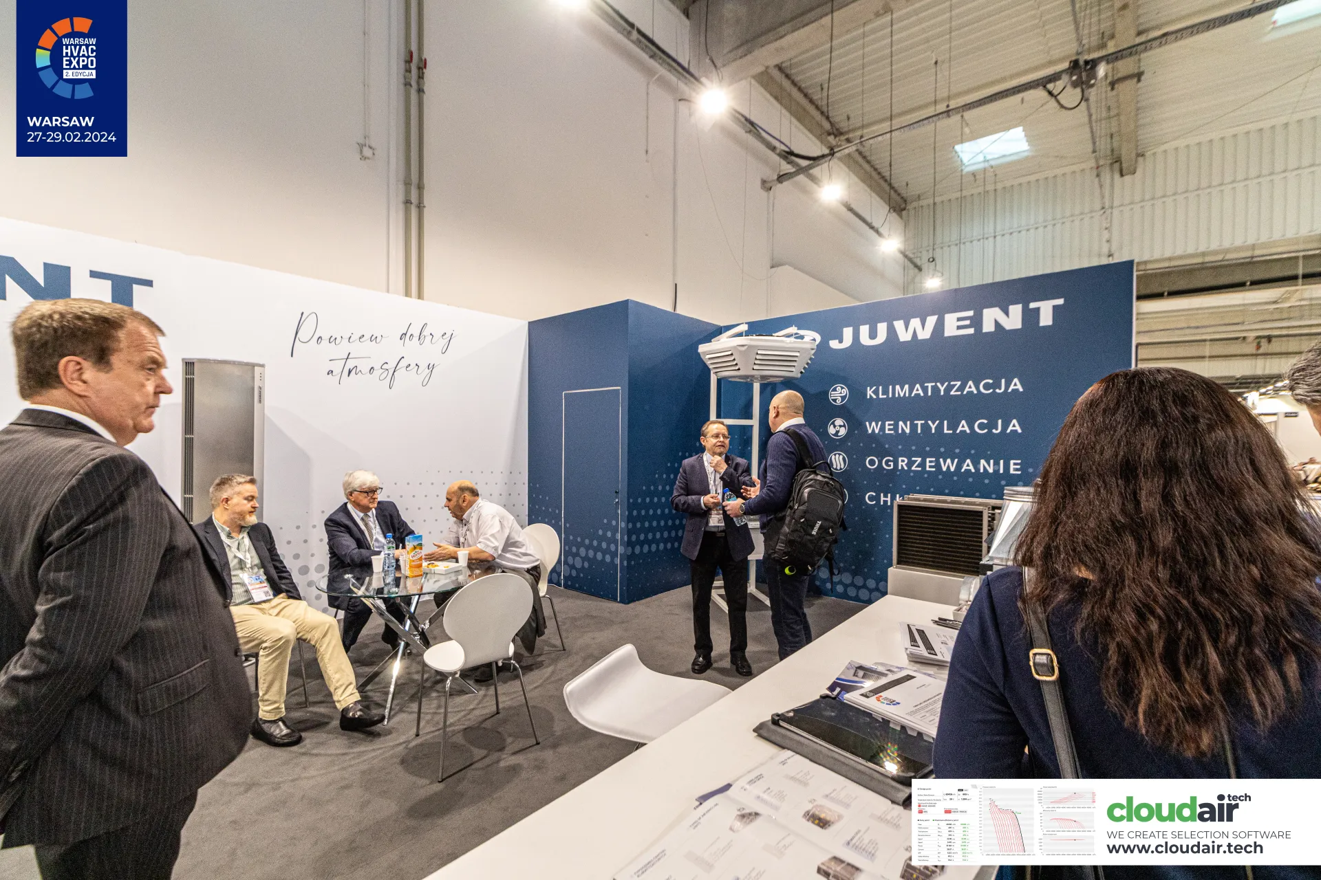 Meeting area on the Juwent stand beside the navy services wall at Warsaw HVAC Expo 2024
