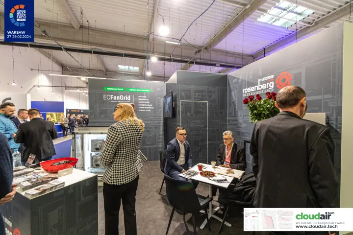 Meeting table at the Rosenberg stand beside the ECFanGrid display at Warsaw HVAC Expo 2024