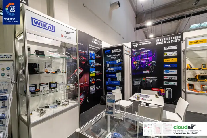 Merazet wall of Teledyne FLIR thermal cameras next to the WIKA display case at Warsaw HVAC Expo 2024