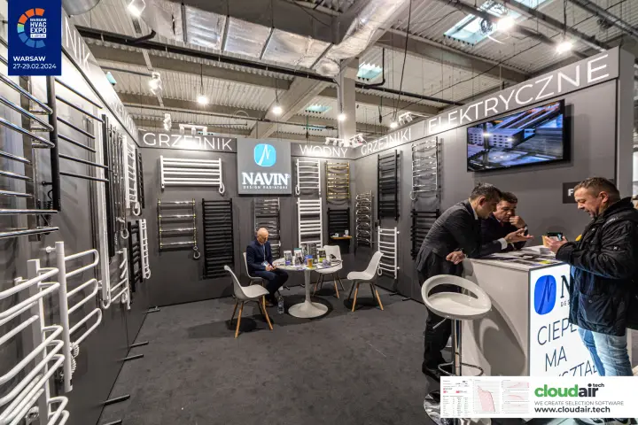 Navin stand with towel radiators under 'GRZEJNIKI ELEKTRYCZNE' lettering at Warsaw HVAC Expo 2024