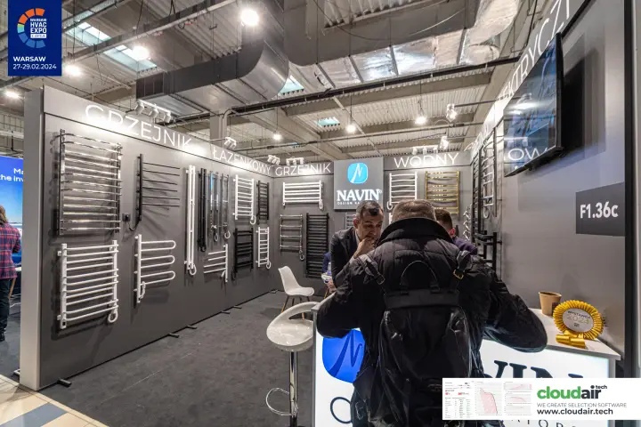 Navin stand with walls of chrome, white, black and gold towel radiators at Warsaw HVAC Expo 2024