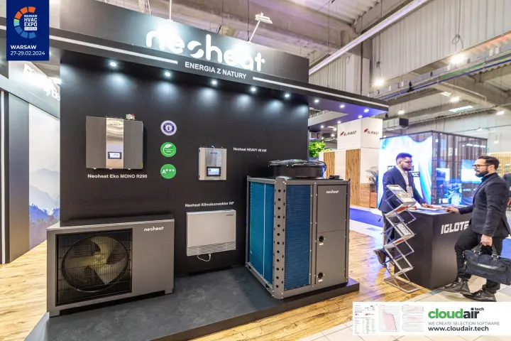 Neoheat heat pump range with Eko MONO R290 and HEAVY 40 kW labels at Warsaw HVAC Expo 2024
