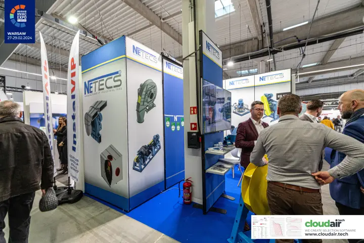 Netecs stand corner with centrifugal fan illustrations and screen at Warsaw HVAC Expo 2024