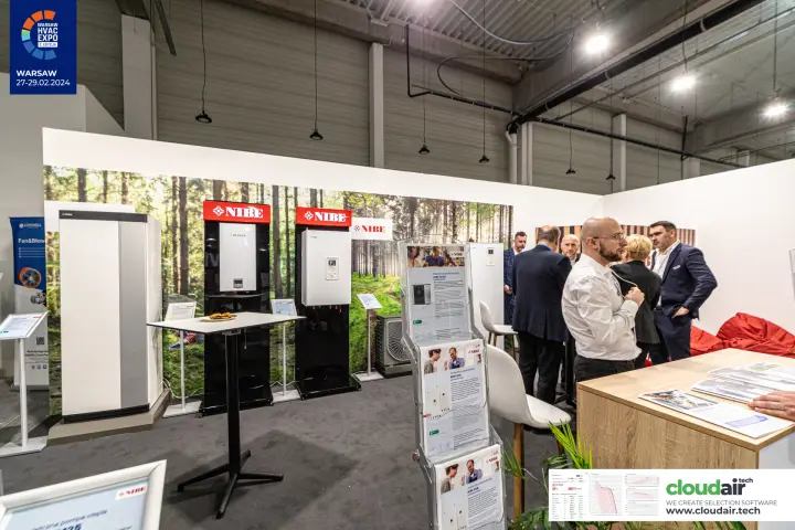 NIBE indoor heat pump units on black panels with red NIBE headers at Warsaw HVAC Expo 2024
