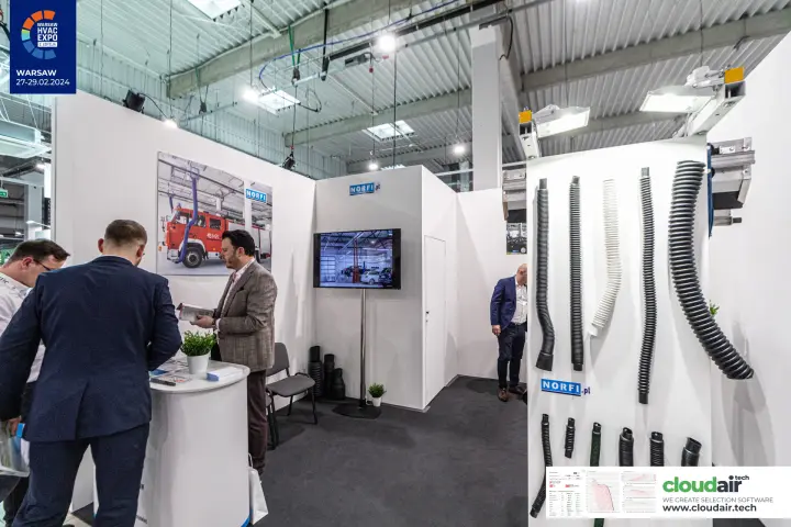 Norfi stand with flexible vehicle exhaust extraction hoses at Warsaw HVAC Expo 2024