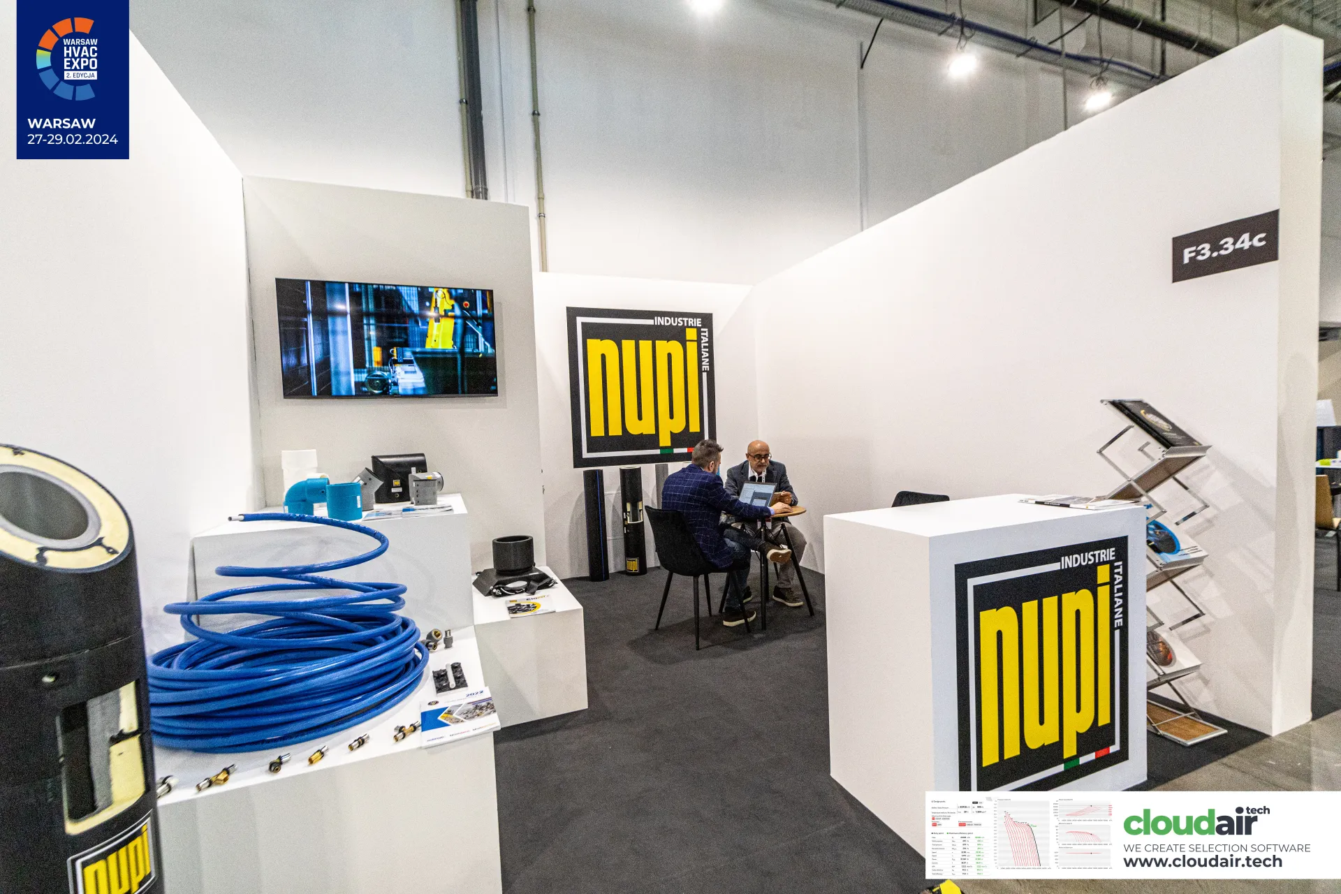 Nupi Industrie Italiane stand with pre-insulated pipe and blue pipe coil at Warsaw HVAC Expo 2024