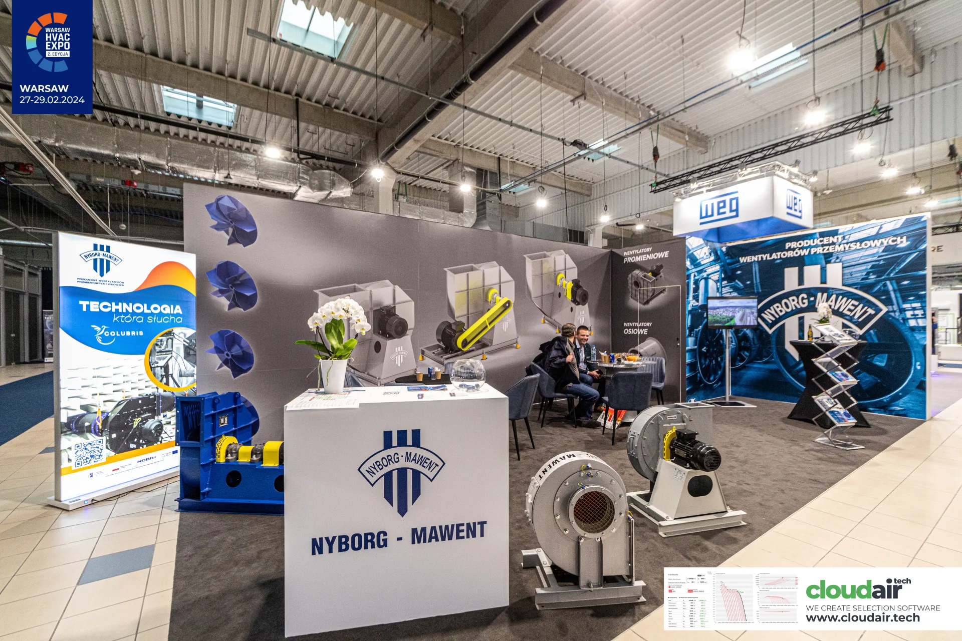 Nyborg-Mawent counter with centrifugal fans and a blue fan unit at Warsaw HVAC Expo 2024