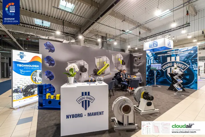 Nyborg-Mawent counter with centrifugal fans and a blue fan unit at Warsaw HVAC Expo 2024