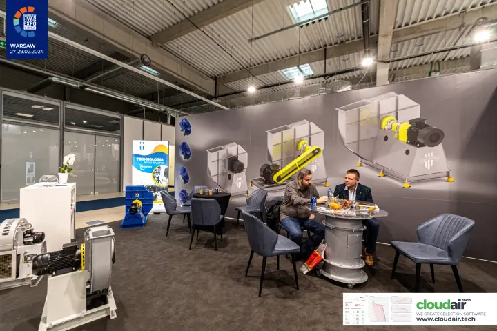 Nyborg-Mawent lounge with a table set on a cylindrical fan casing at Warsaw HVAC Expo 2024