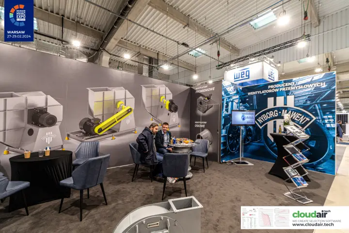 Nyborg-Mawent stand with large prints of industrial centrifugal fans at Warsaw HVAC Expo 2024