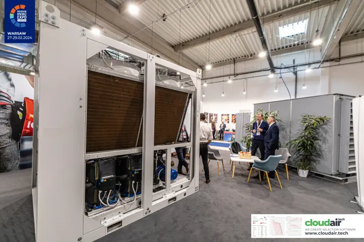 Open-frame chiller with V-coils, compressors and pump on the Trane stand at Warsaw HVAC Expo 2024