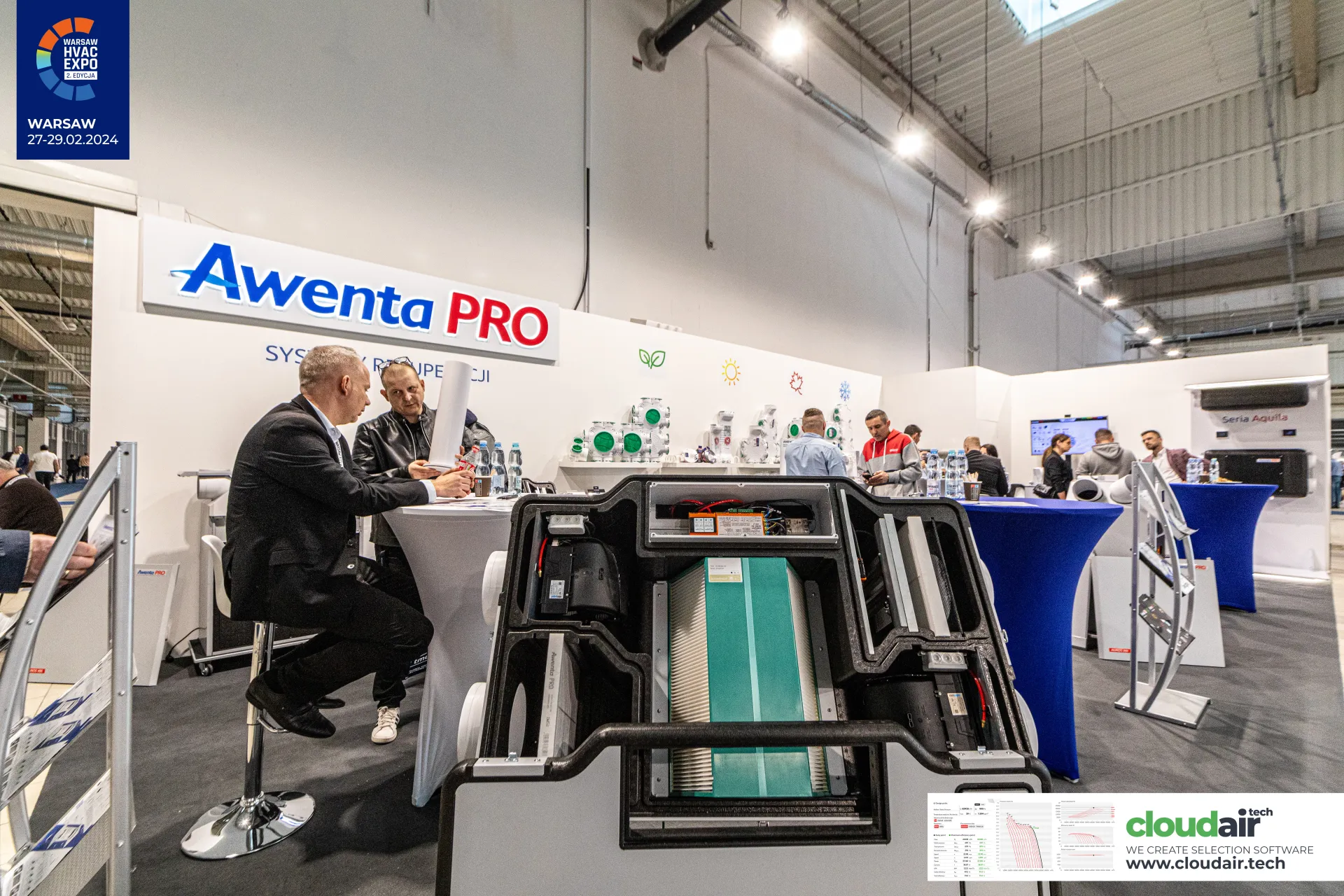 Opened Awenta PRO heat recovery unit showing exchanger and filters at Warsaw HVAC Expo 2024